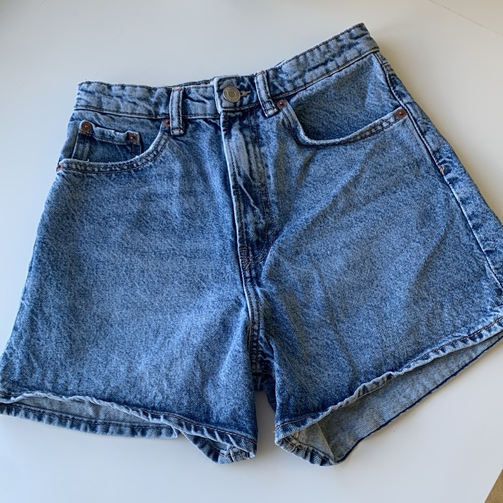 Zara Blue Acid Wash Cotton Denim High Waist Jean Shorts 4